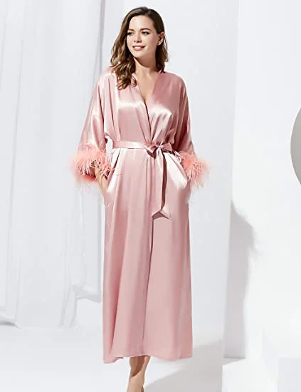 Pink Feather Floor Length Maxi Dressing Gown Robes Long Bridal Robe Boudoir Bridesmaid Gifts Satin Trim Bride Kimono Wedding