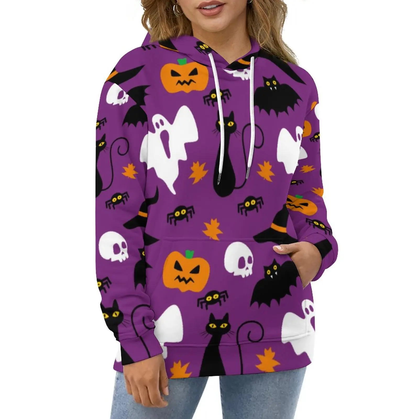 

Cute Halloween Hoodies Women Ghost And Skull Print Harajuku Casual Pullover Hoodie Winter Long Sleeve Pattern Hooded Sweatshirts