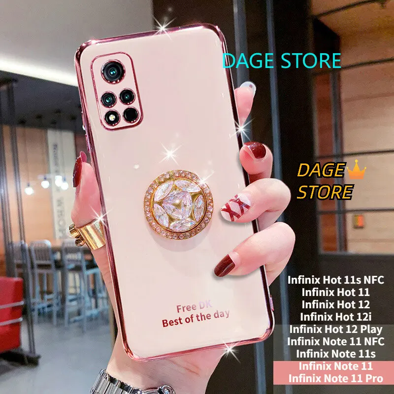 

For Infinix HOT 11S NFC / HOT 12 Play / Note 11 NFC Electroplated Case Crystal Holder Cover Soft TPU Lens Protective Case