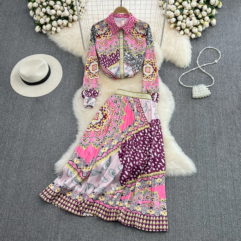 

Women Spring Summer Two 2 Piece Set Korean Elegant Single Breasted Long Sleeve Print Blouse Shirts Tops and Pleated Maxi Skirts