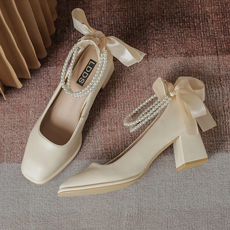 

New Ladies High Heels Elegant Bow Square Toe Black High Heels Fashion Thick Heel Wedding Party Pearl Lace Wedding Shoe