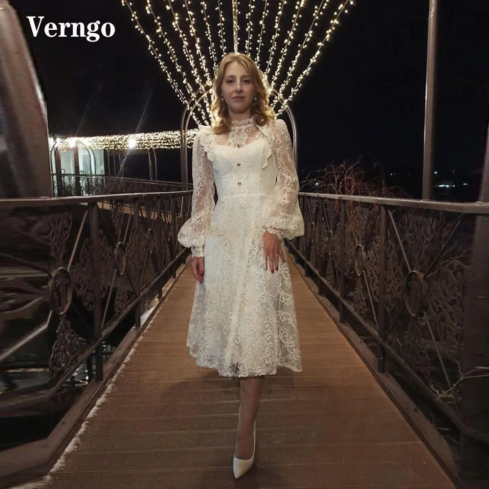 

Verngo A Line Full Lace Short Wedding Dresses High Neck Modest Long Sleeves Mid-Calf Bride Gowns Mother Formal Party Dress