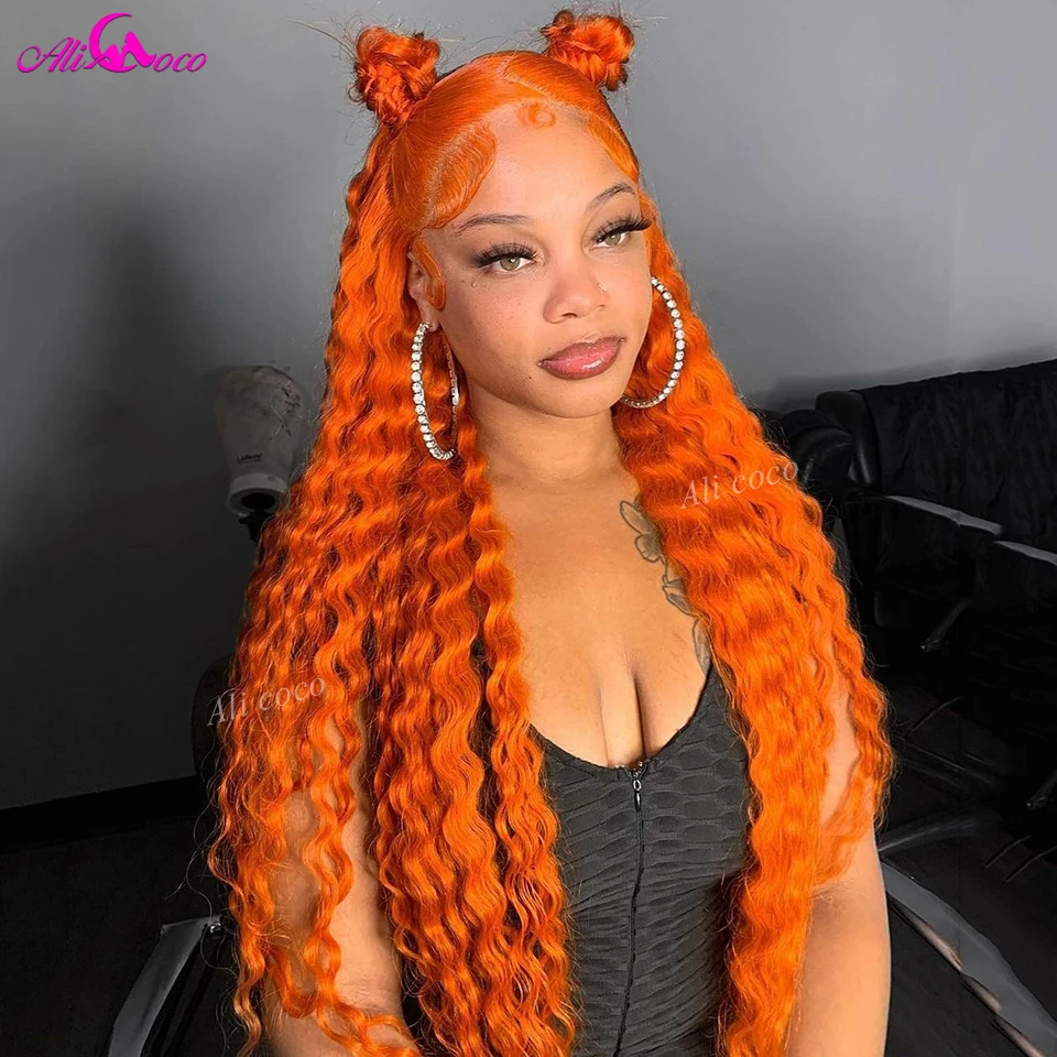 

Али Коко, парик, искусственная кожа, оранжевый Глубокий кружевной передний парик, волнистые кудрявые передние парики из человеческих волос, 13x6 дюймов, передний парик из HD-кружева