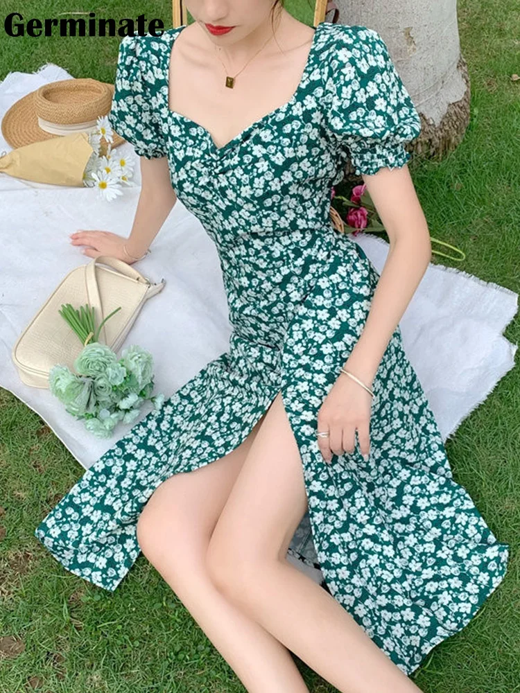 

Germinate Floral Dress Women Summer Beach Boho Puff Sleeve Elegant Party Bodycon Sexy Slit Green Midi Dresses Sundress