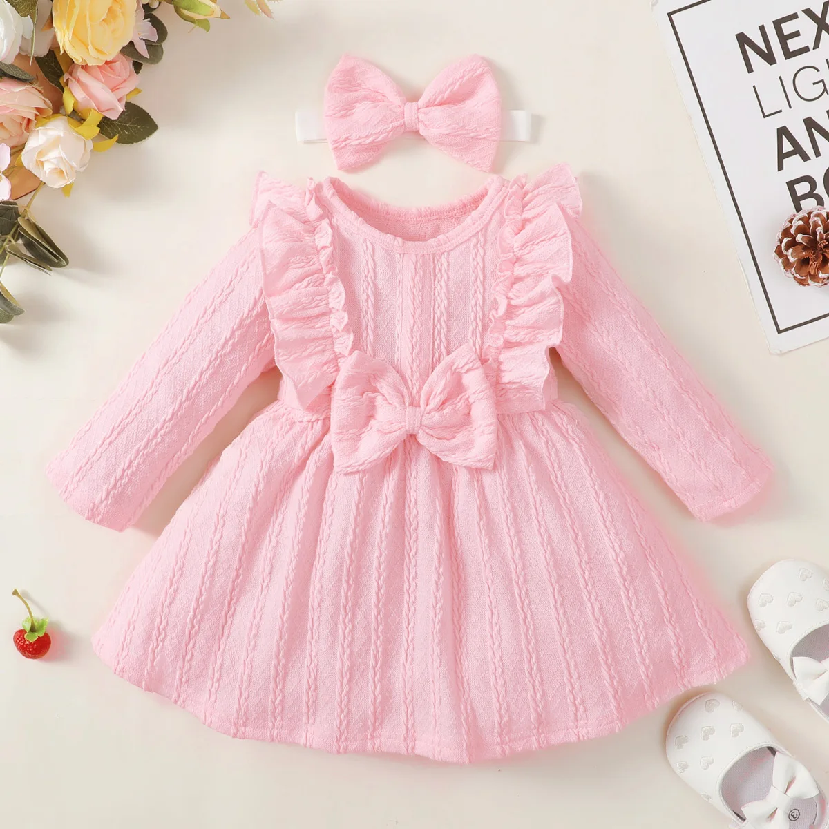 

hibobi Baby Bowknot Decor Long Sleeve Dress With Headband Kids Birthday Dresses For Girls Dress For Girls