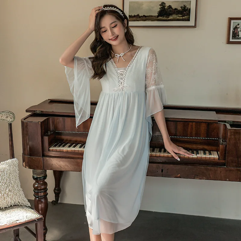 With Breast Pads Women's Nightgown Spring Sexy Nightdress Gauze Horn Sleeve French Sweet Palace Princess Dress Long Style Skirt