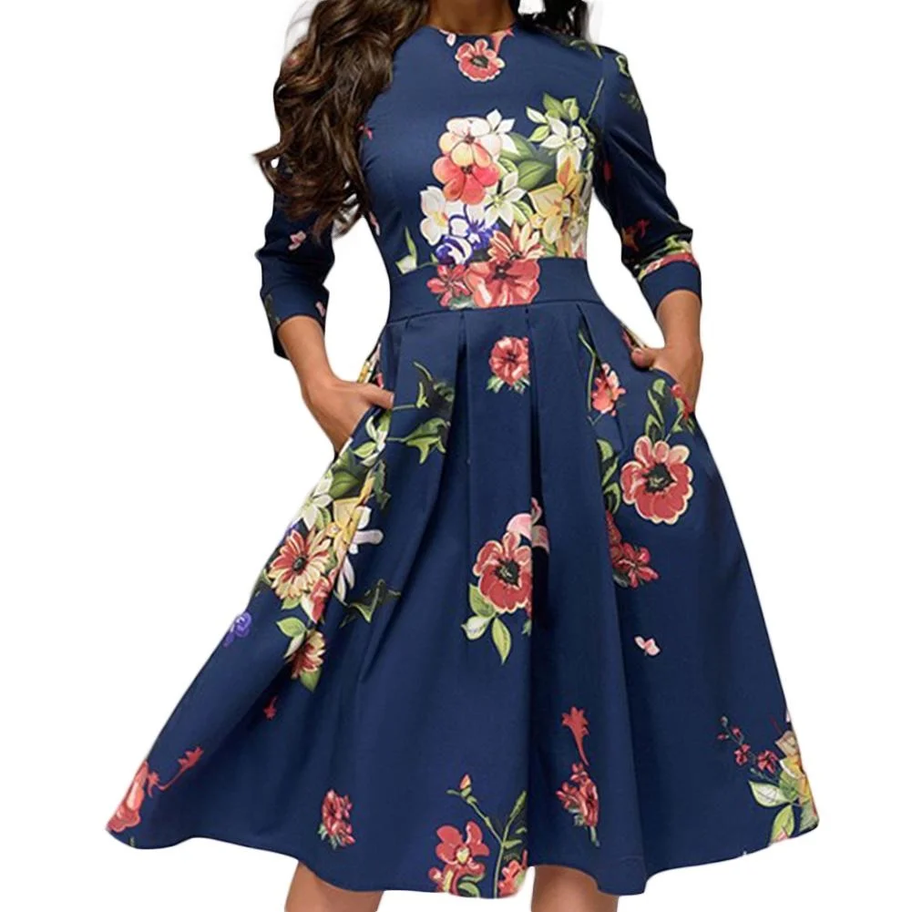 

2023 Loose dresses Wome Fashion Floral Print 3/4 Sleeve Round Neck A-line Slim Ruched Wome Summer dress for wedding Party Dress