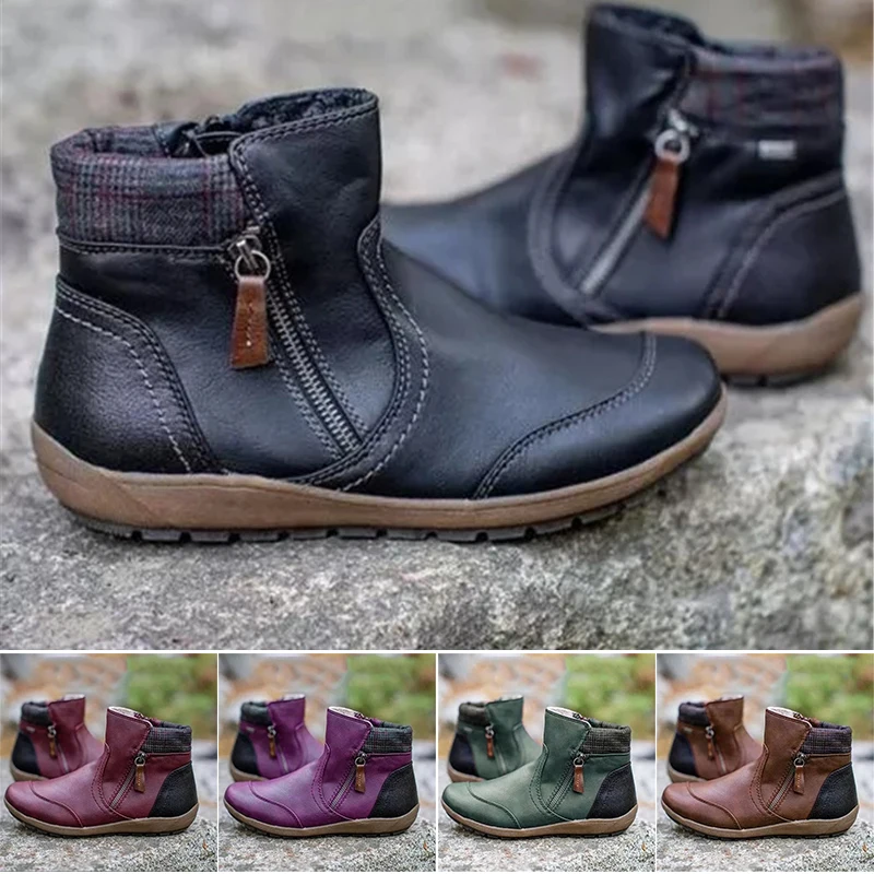 

Fashion Womens PU Warm Boots Double Side Zipper Snow Winter Outdoor Walking Boots Womens Cool Plush-Lined Shoes