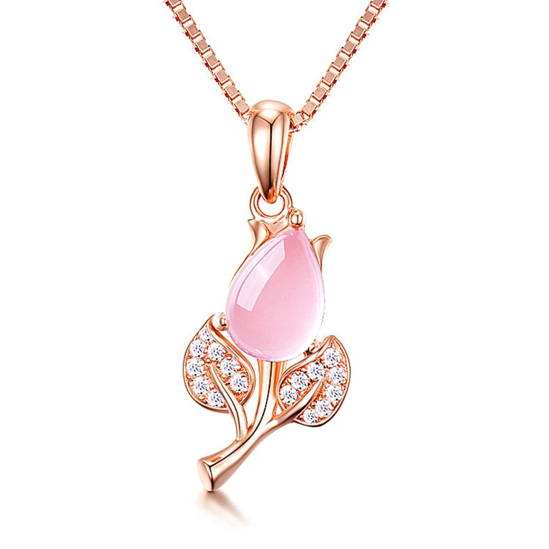 

Top Quality RoseGold Color Women Necklace Cute Hibiscus Stone Flower Pendant Necklaces For Women Anniversary Party Jewelry Gifts