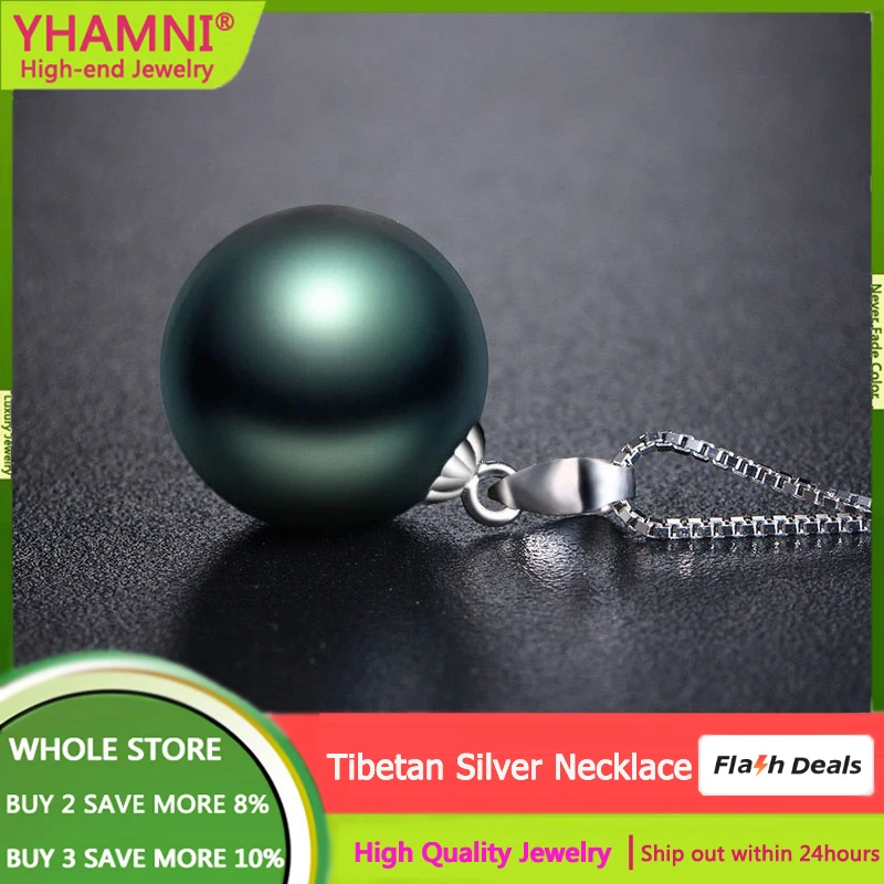 Allergy Free Tibetan Silver Necklace New Ladies Fashion Jewelry High Quality Black Pearl Round Pendant Necklaces For Women Gift