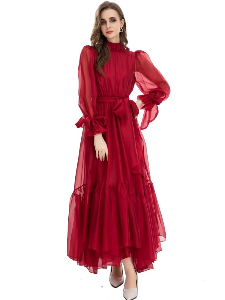 

Designer Autumn New High Quality Women's Vintage Gorgeous Belt Irregular Red Long Dress Fashion Celebrity Casual Party Elegant