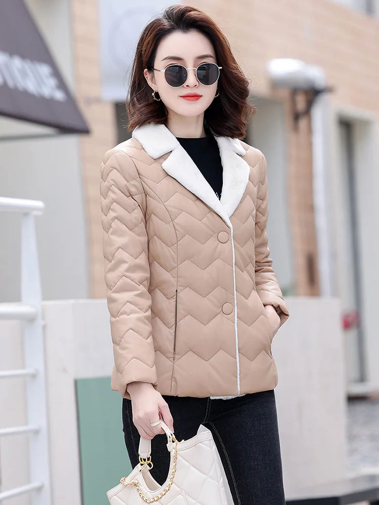 New Women Short Leather Down Coat Autumn Winter Casual Fashion Lamb Wool Turn-down Collar Slim Thicken Sheepskin Down Jacket