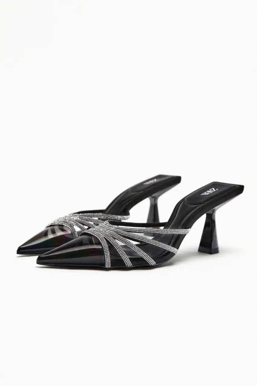 

Женские летние туфли с острым носком, черные сандалии на высоком каблуке с ремешком из ПВХ, новинка 2023