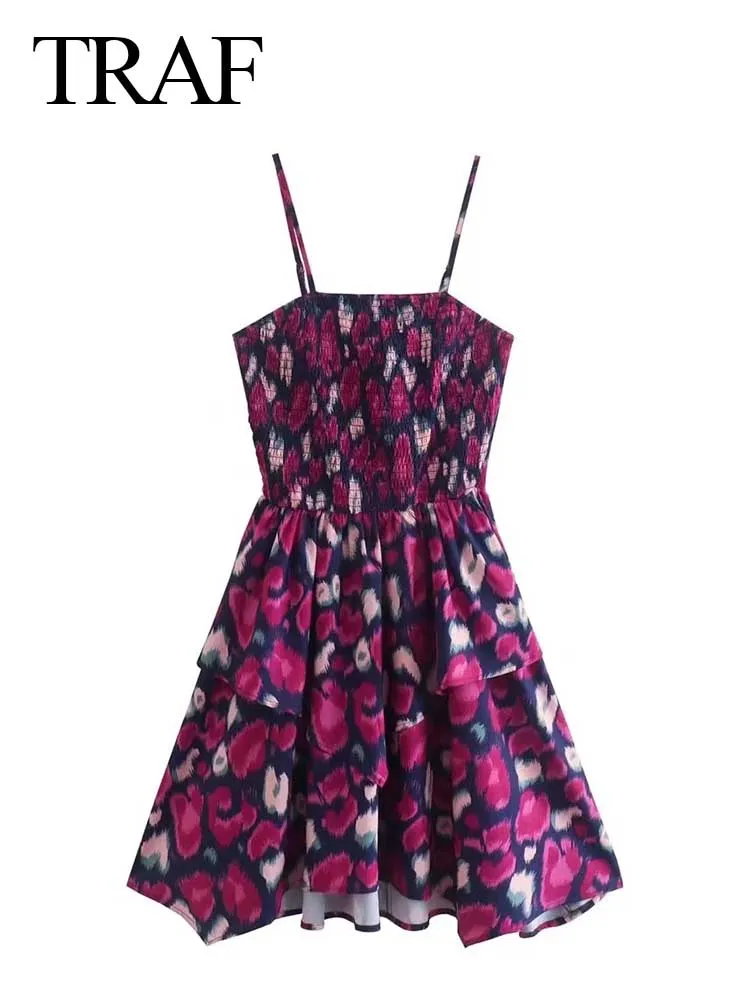 

TRAF Summer Pop Retro Party Elastic Irregular Hem Sexy Temperament Mini Dress Fashion Purple Grape Print Sling Lady Dress