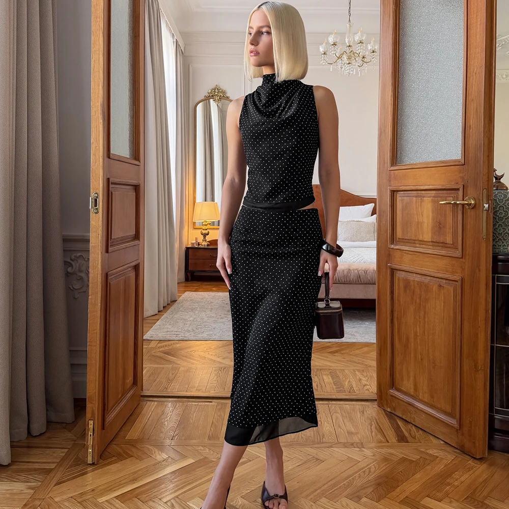 Фото Винтажный комплект из двух предметов Tuularose: юбка макси в горошек и сексуальный топ с принтом, облегающий комплект с юбкой, элегантный летний женский комплект-платье №1