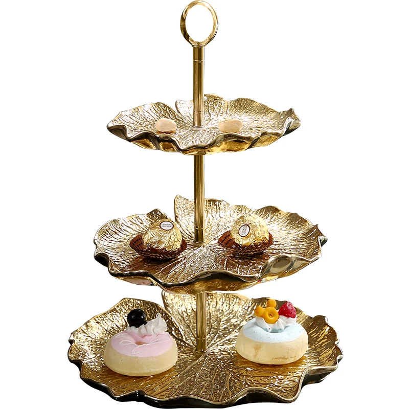 

Three-Layer Ceramic Creative Dessert PCs Snack Golden Double Layer Cake Tray Candy Plate European Style Multi-Layer Fruit Plate