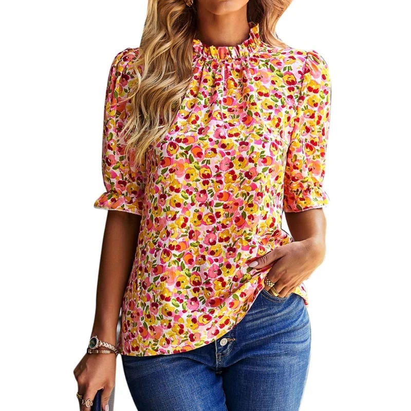 

Women Puff Half Sleeve Blouses Top Floral Print Ruffle Mock Neck Pleated Shirts