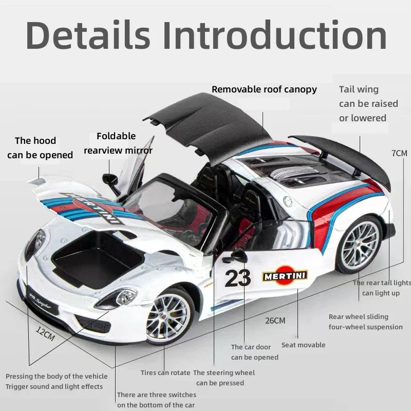 Модель 1/18 Porsche Martini Racing 918 Spyder из сплава модель литого металла искусственный звук и