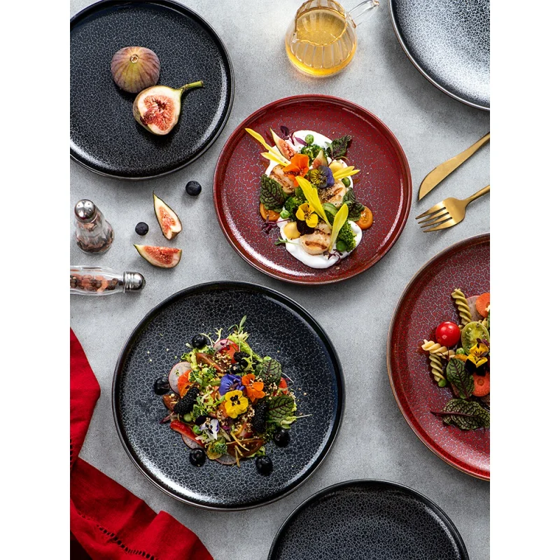 

Japanese Style Retro Tableware Creative Steak Plate Western Cuisine Plate Personality Kiln Baked Blue Red Household Ceramic Dish