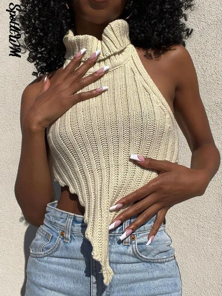 

Women Turtleneck Sexy Knitted Tank Tops Fashion Clothes 2022 Summer High Street Hollow Out Irregular Sexy Backless Vest Tops