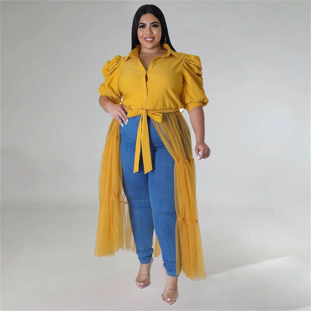 

Plus Size 5XL Fashion Sheer Mesh Spliced Shirt Dress Women 2022 Short Sleeve Button Up Robes Maxi Voile Vestido Africano Sashes