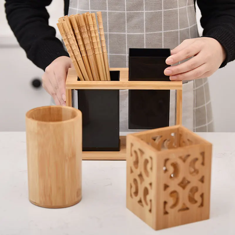 Eco-Friendly Bamboo Utensil Holder Round Square Chopsticks Organizer Kitchen Spatula Tongs Cutlery Fork Spoon Drain Box