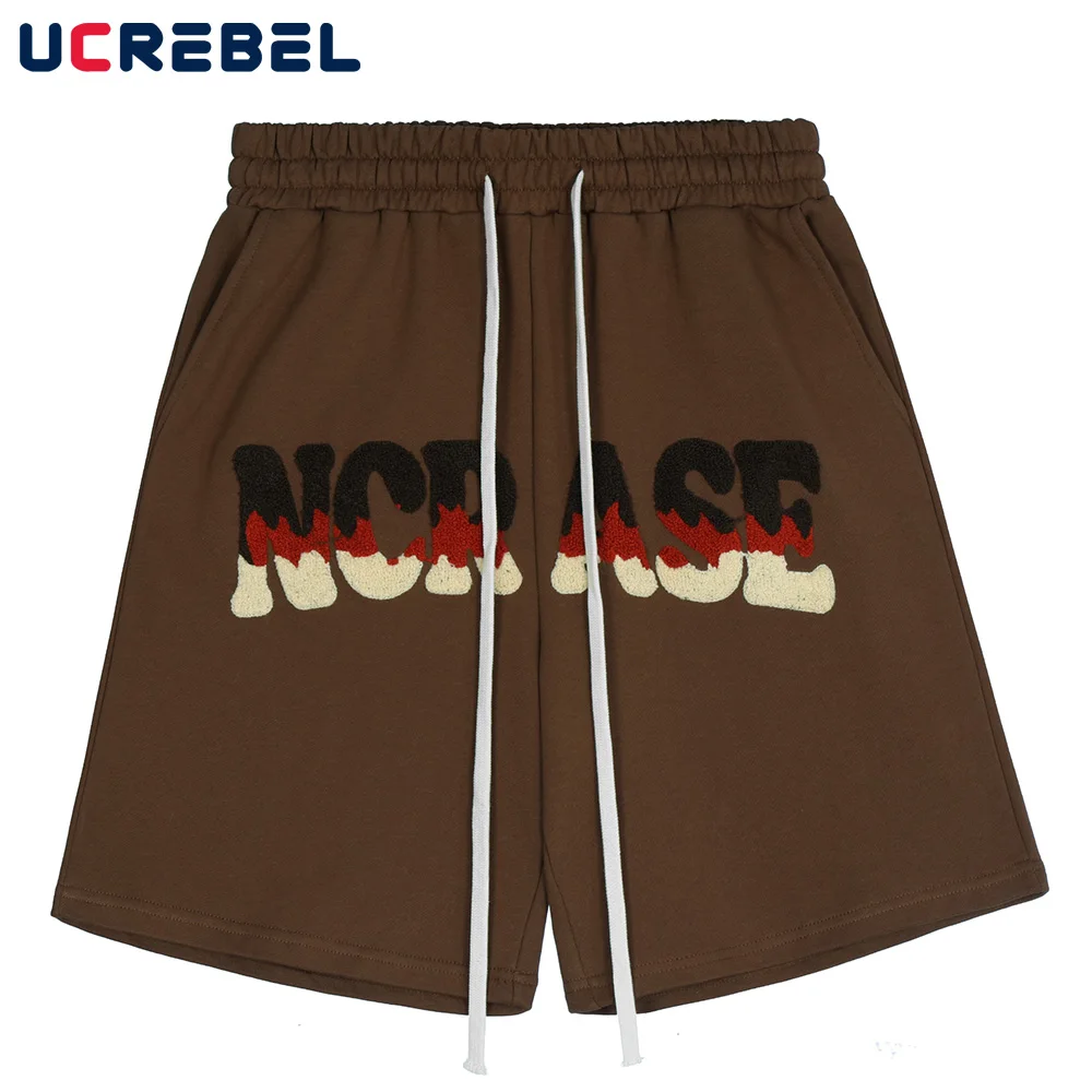 

Letter Embroidery Casual Shorts Mens Spring High Street Flame Knee-length Shorts Drawstring Elastic Waist Sweatshorts Men