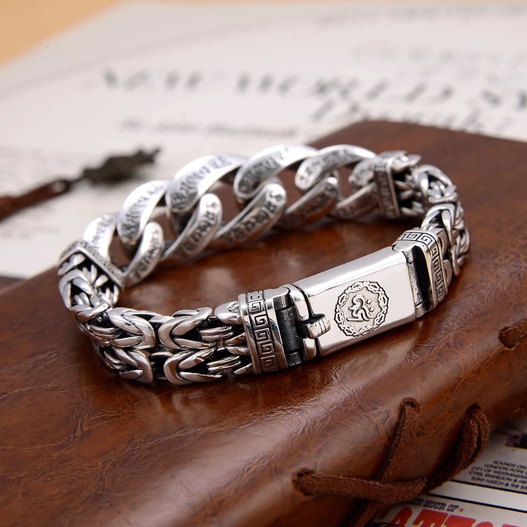 

S925 Thai Silver Original Certified Six-Character Mantra Woven Men's Bracelet Retro Personality Domineering Men's Chain