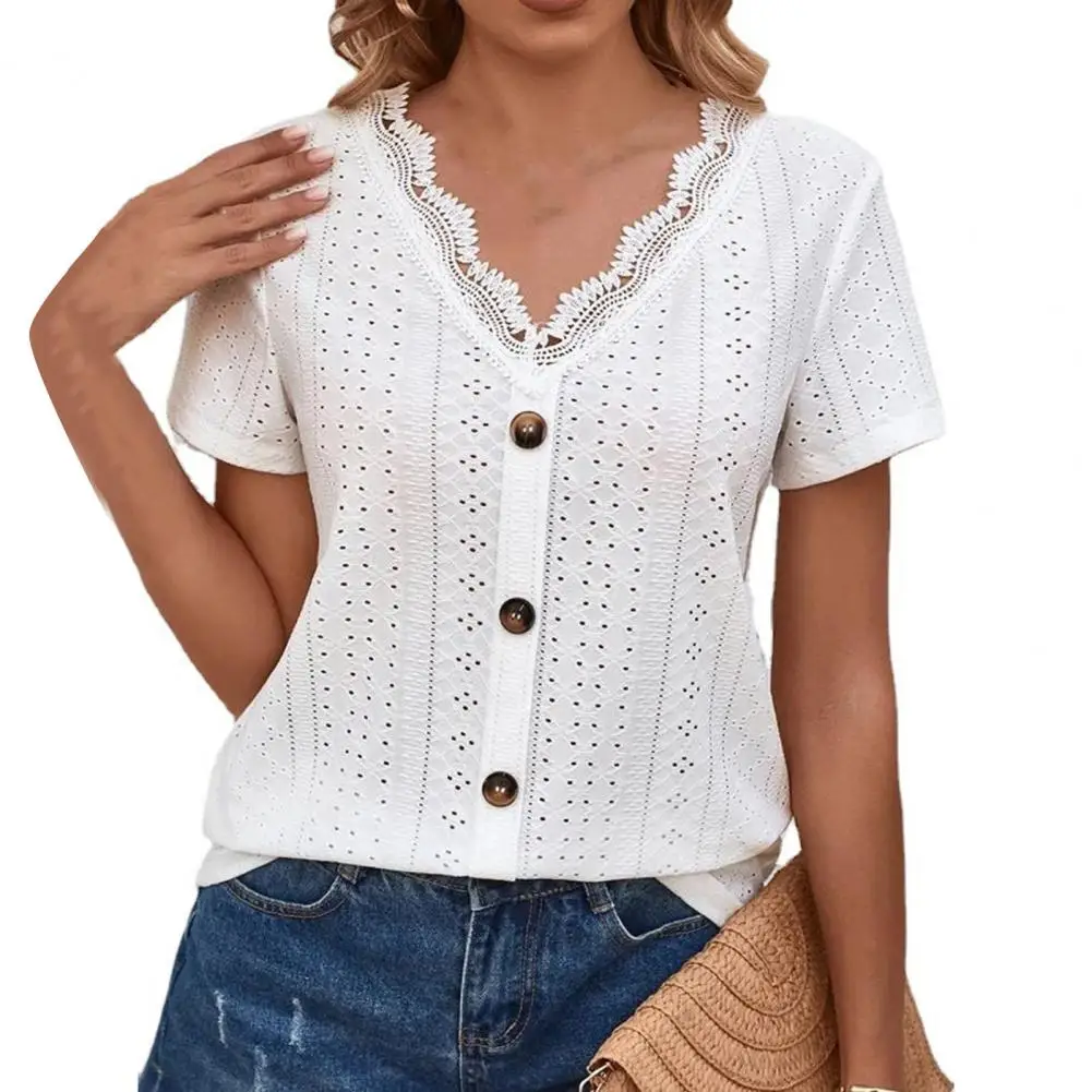 

T-shirt Vintage Lace Stitching Women's Loose V-neck Short Sleeve T-shirt Casual Summer Fashion in Solid Colors Casual