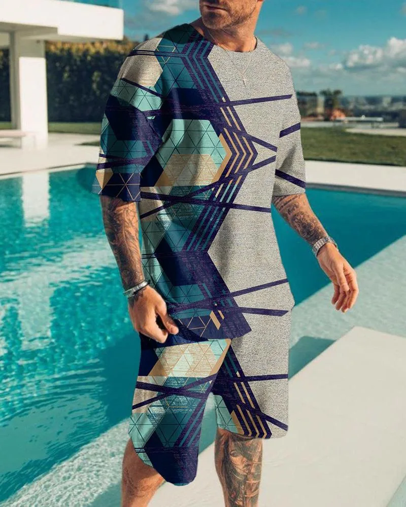 Summer New Men's Suit 3D Print Geometric patterns Short Sleeve Shirt Shorts Suit Fashion Shirt Men's Two Piece Set Streetwear