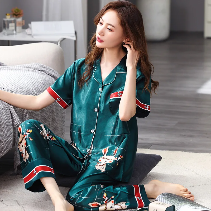 

2021 Summer Thin Ice Silk Pajamas Women's Short Sleeve Trousers Simulation Silk Casual Home Clothes Can Be Worn Outside Suits