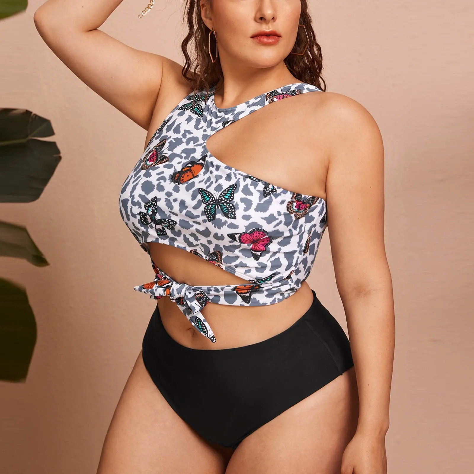 

Купальник 2023 Bikini Butterfly Print Hollowed Out Lace Up High Waist Split Body Fattening Women's Swimsuit Bandage Beach Wear