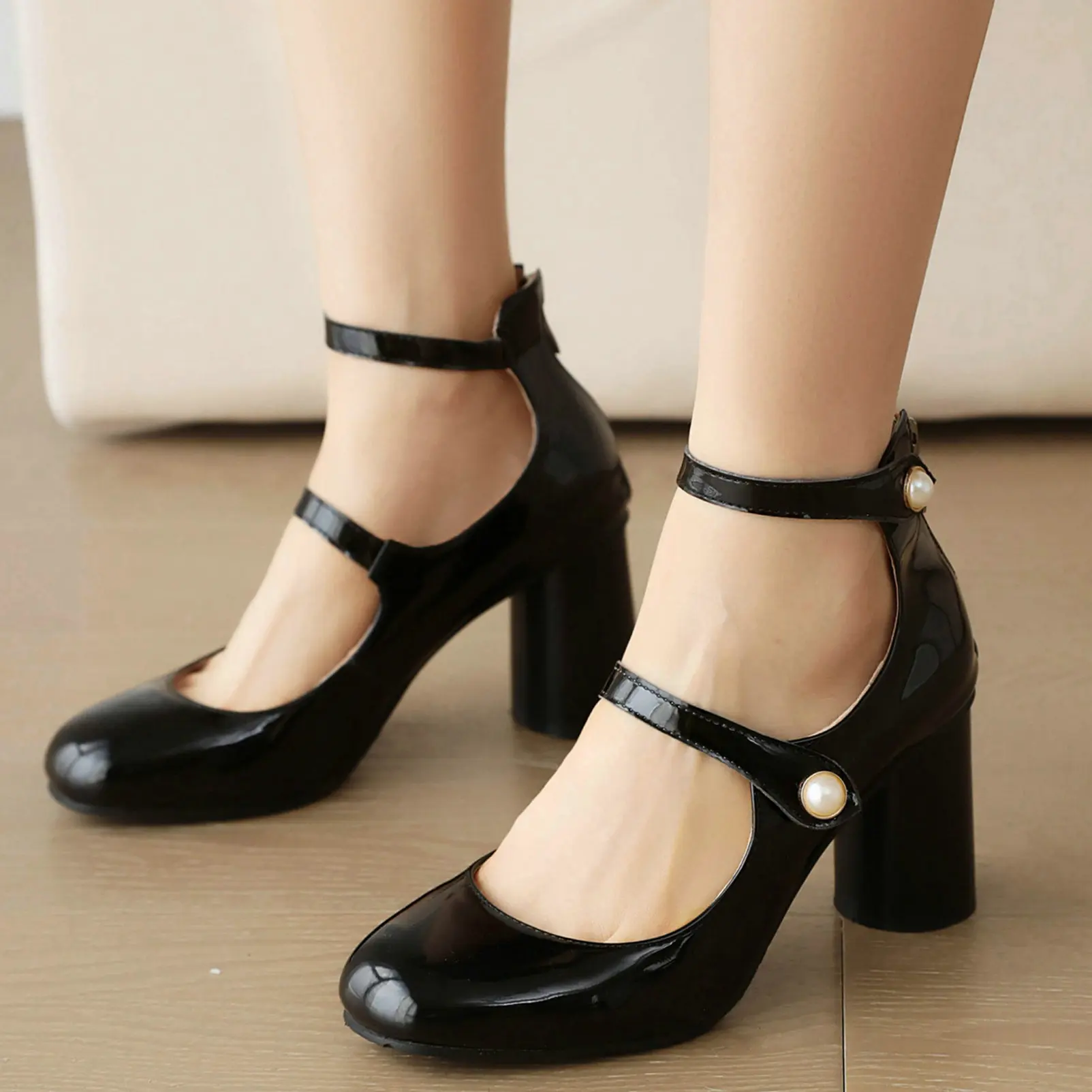 Eokkar Vintage Ankle Strap Patent Leather Mary Janes for Women Block High Heel Shoes Back Zip Rockabilly Shoes Plush Size 48