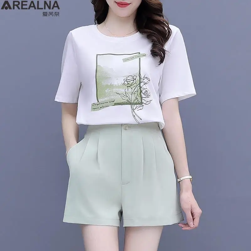 

Women Shorts Sets Short Sleeve o-neck t-shirts Hight Waist Shorts Korean fashion office Elegant two piece sets womens outifits