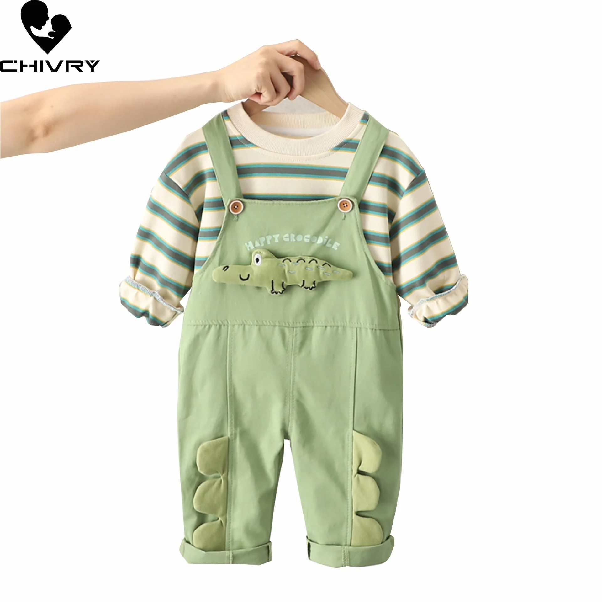 

New Autumn Baby Boys Cute Cartoon Crocodile Rompers Overalls with Round Neck Long Sleeve Striped Tops Kids Fashion Clothing Sets