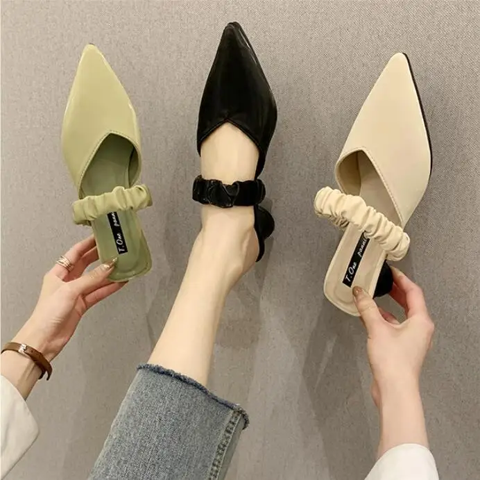 

Cover Toe House Slippers Platform Mules For Women 2022 High-Heeled Shoes Lady Flock Square heel Med Pantofle Slides Summer Block