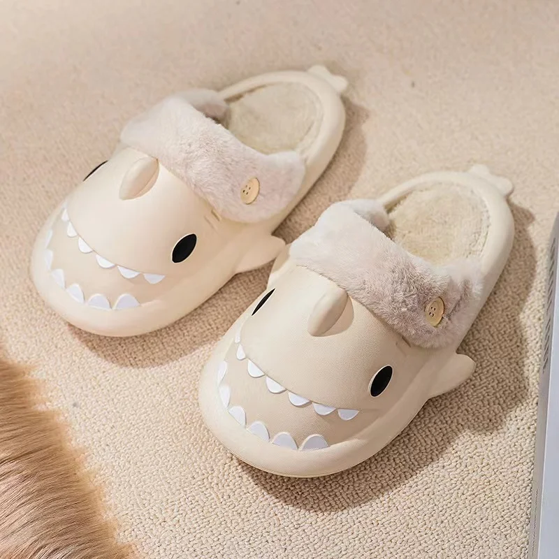 SENDNAKAI New Detachable Shark EVA Cotton Drag Waterproof and Anti slip Couple Home Warmth Plush Cotton Shoes Soft Sole Silent