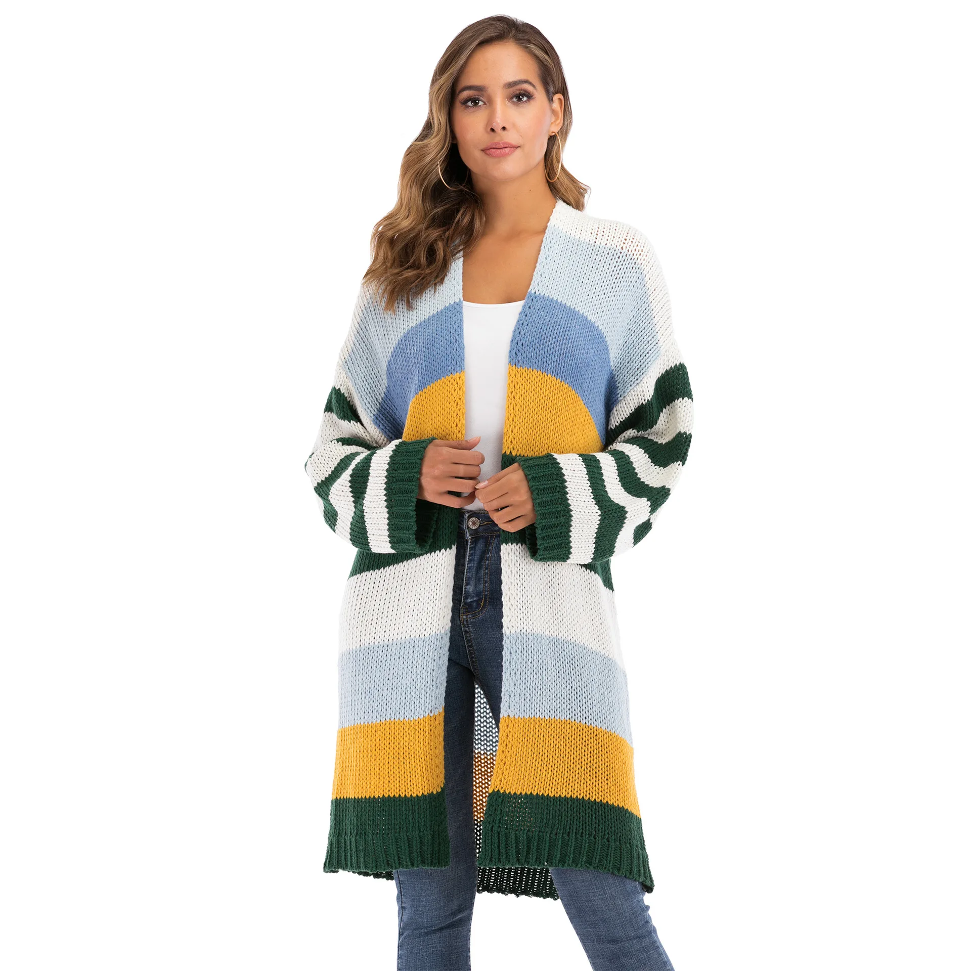 

Women Long Sleeve Sweaters Mixed Color Stitching Contrast Striped Sweater Casual Cardigan Dress Winter Fall Clothes