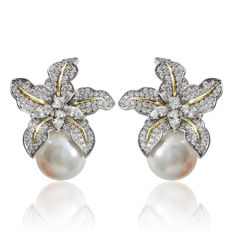 

Luxury Imitation Pearl Drop Earrings for Women Fashion CZ Stone Flower Stud Earring Wedding Engagement Party Jewelry