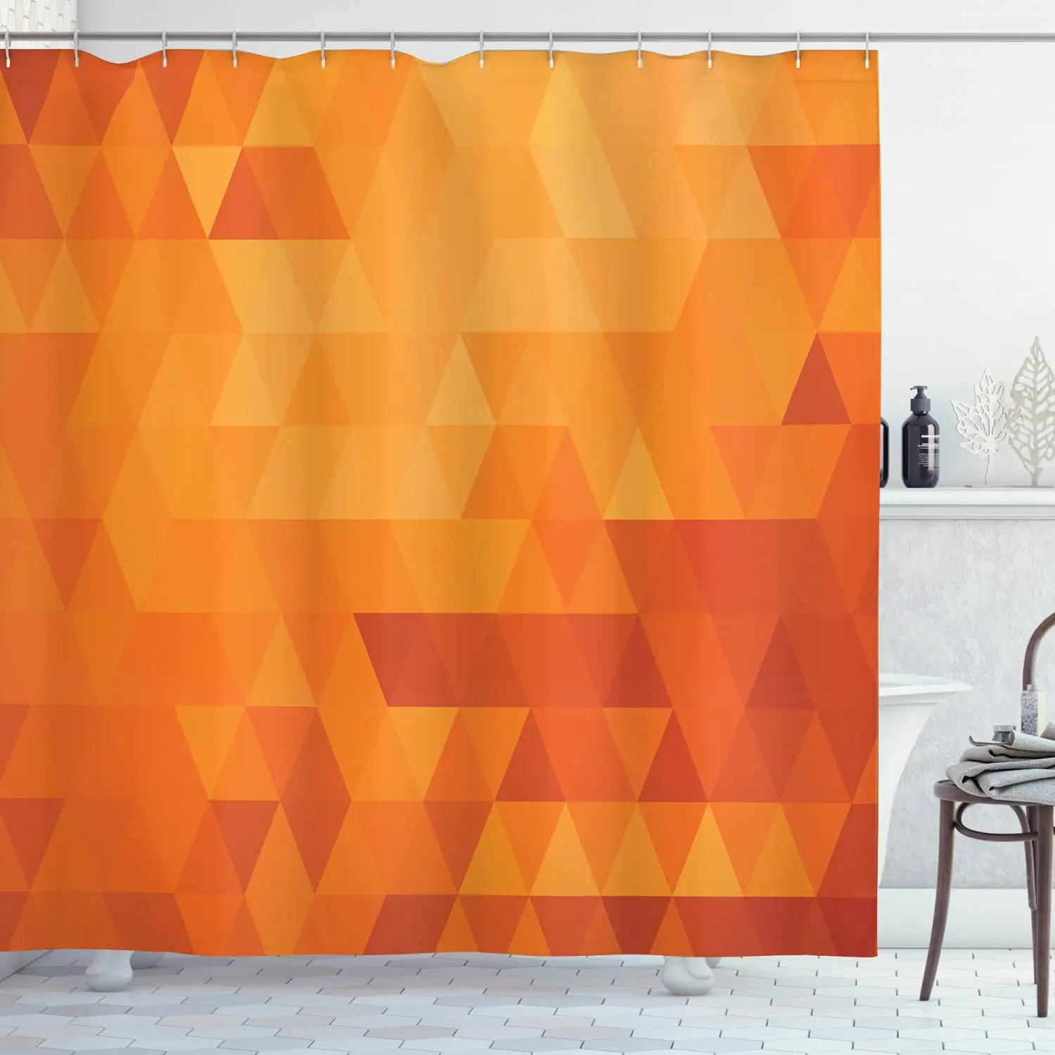 

Orange Shower Curtain, Triangle Mosaic Shapes and Patterns with Abstract Digital Pixel Like Effect Print, Fabric Bathroom Decor