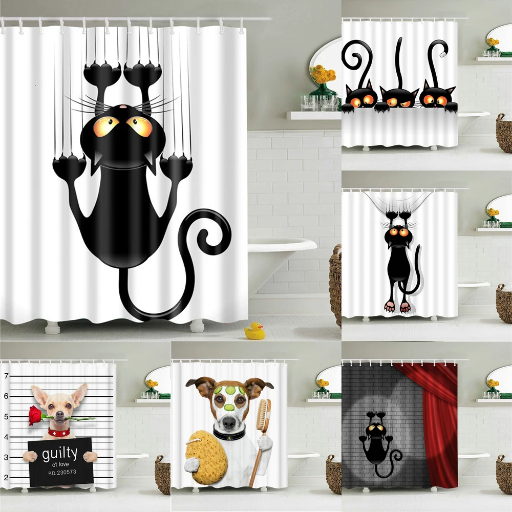 

High Quality Funny Black Cat Fabric Shower Curtain Waterproof Multi-size Cute Cartoon Bath Curtains Bathroom Decor with Hooks