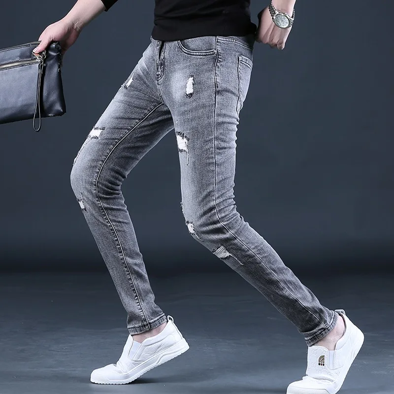 Summer Men Gray Ripped Jeans Streetwear Casual Slim Fit Pencil Pants Korean Style Patches Denim Trousers