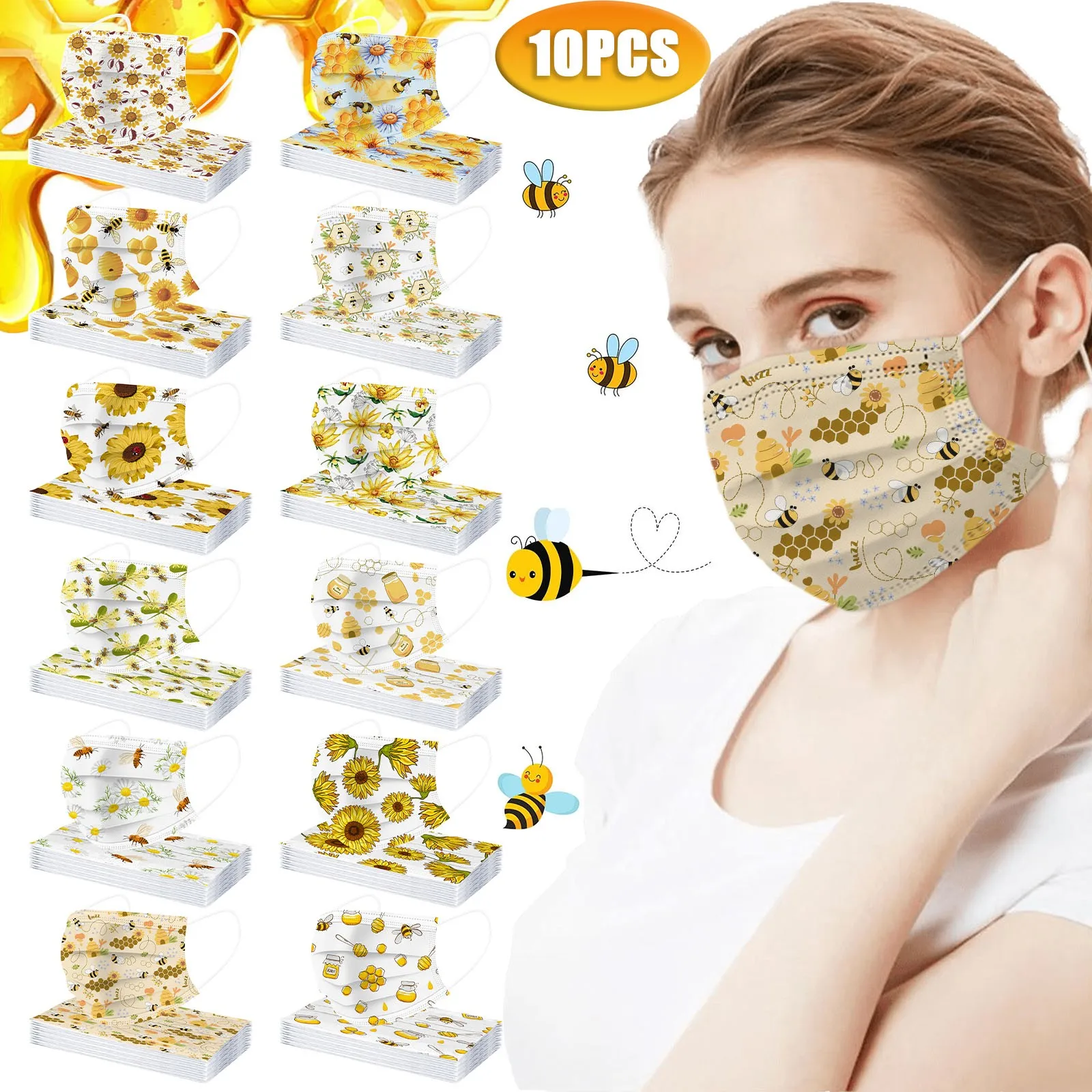 

10pcs Bee Printing Adult Mask Protective Non Woven Filter Men Women Face Mask Disposable Ear-Hook Ultrathin Unisex Masque Mask