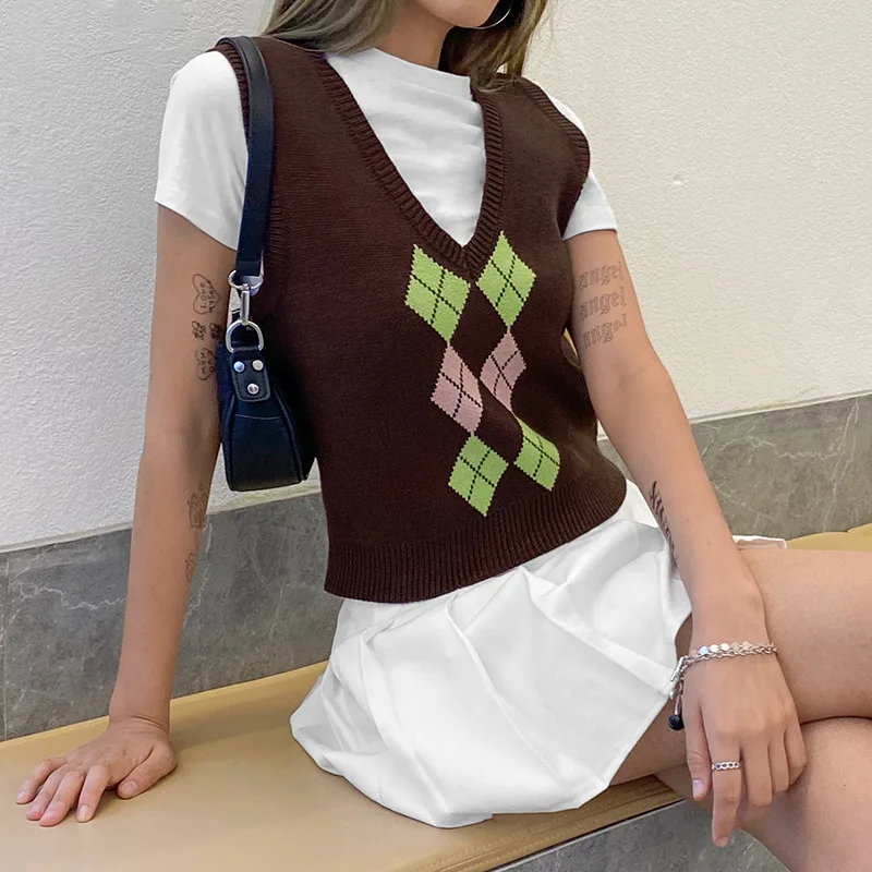 

Argyle Y2K V Neck Knitted Sweater Vest Brown Sleeveless Plaid Casual Preppy Style Crop Tops Women Fashion Pullover Streetwear