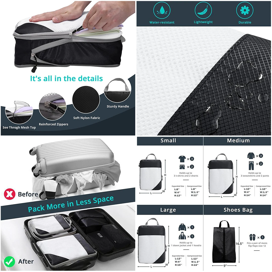 4Pcs/Set Travel Storage Bag Compressible Packing Foldable Waterproof Suitcase Nylon Portable With Handbag Luggage Organizer