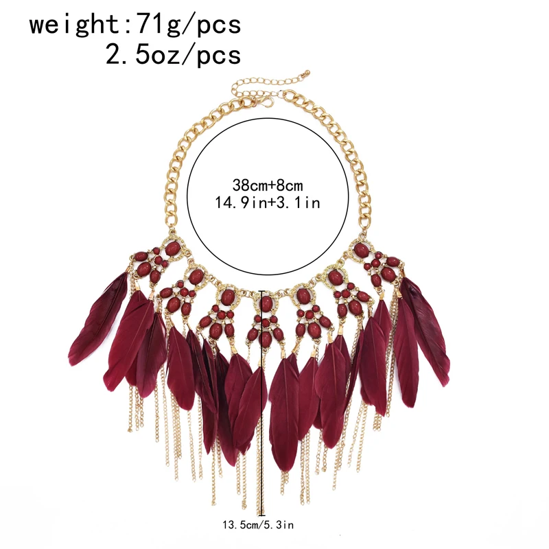 Ожерелье в богемном стиле цепочка с перьями кисточка акриловая маленькая