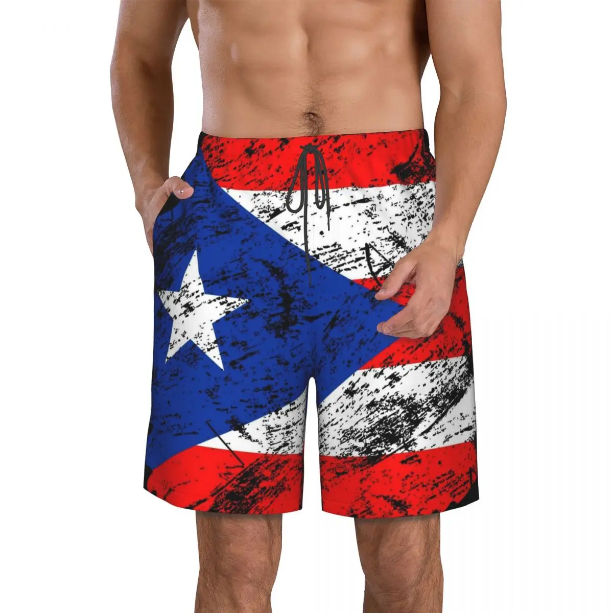 Мужские пляжные шорты в Пуэрто-Рико винтажные с принтом флага страны карманами