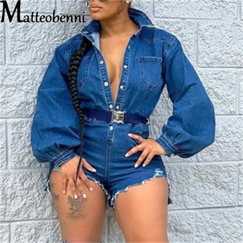 Женский джинсовый комбинезон повседневный рваный с рукавами-фонариками и бантом