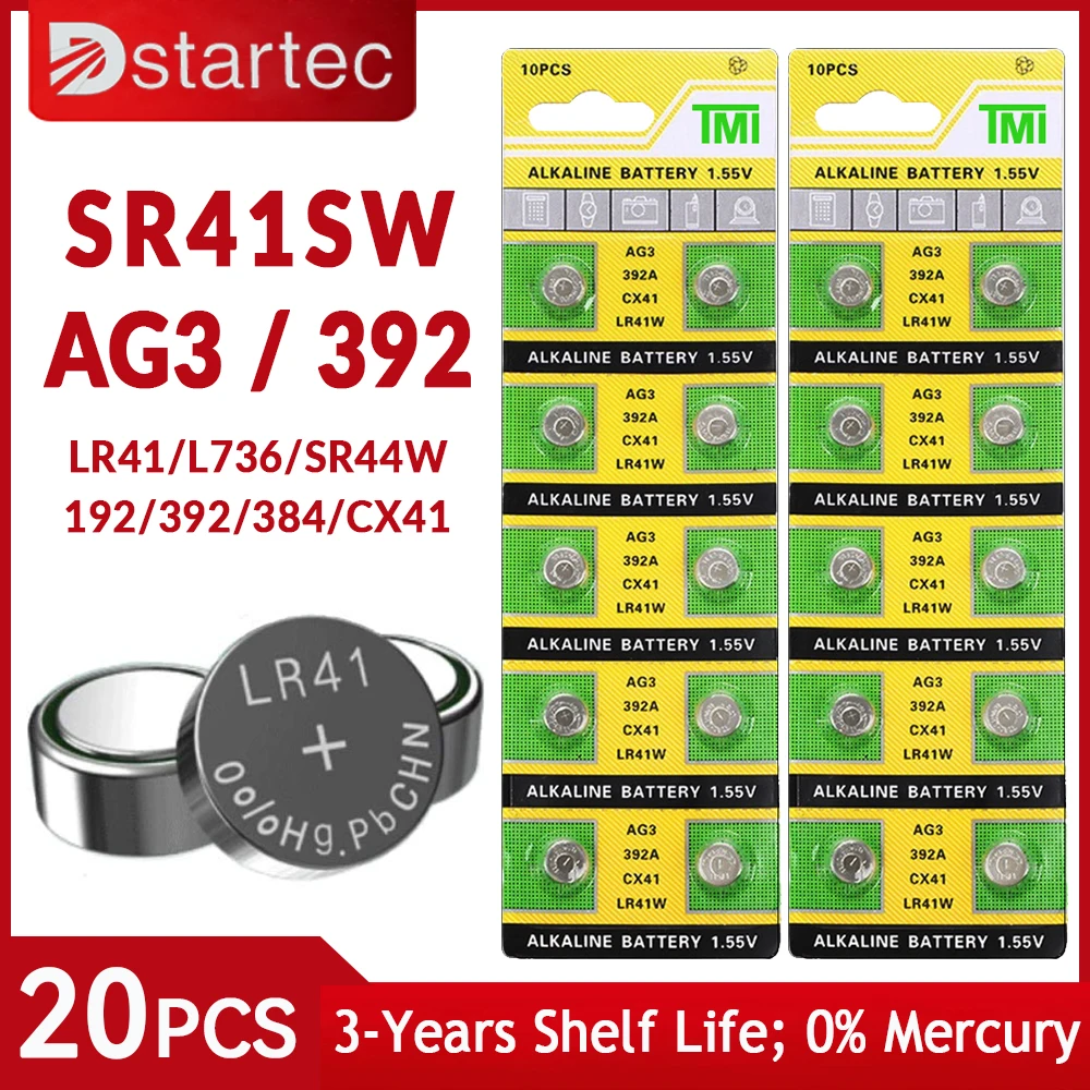 

20PCS AG3 LR41 392 192 1.55V Button Batteries For Watch Toys Remote V392 SR41 384 SR41SW CX41 L736 Cell Coin Alkaline Battery