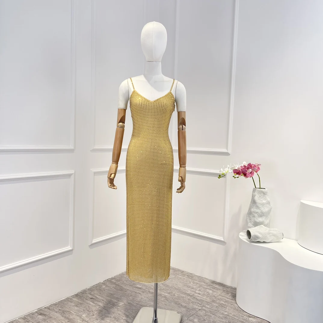 

2023 Latest Spring Summer Top Quality Diamonds Shining Ginger Color Slim Fit Slip Party Maxi Dresses for Women